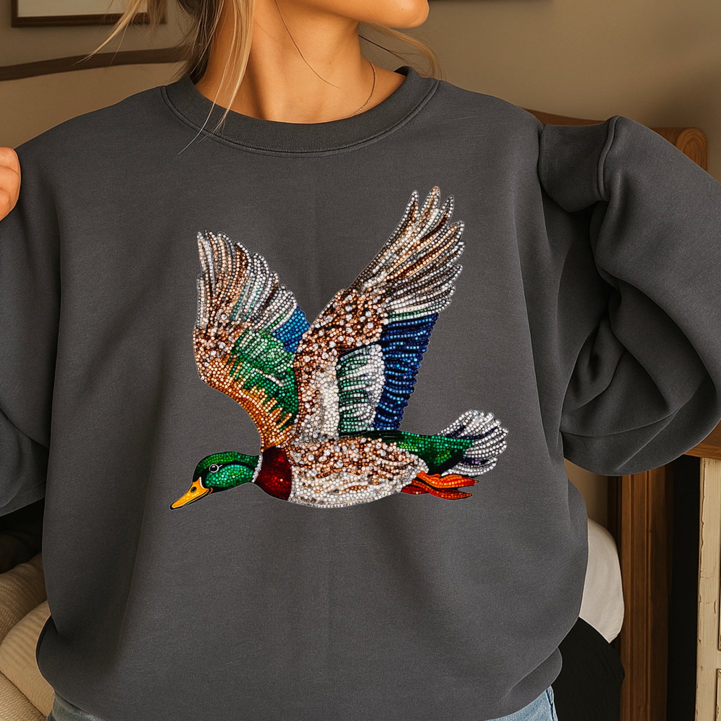 Faux Rhinestone Mallard Duck Crewneck Sweatshirt
