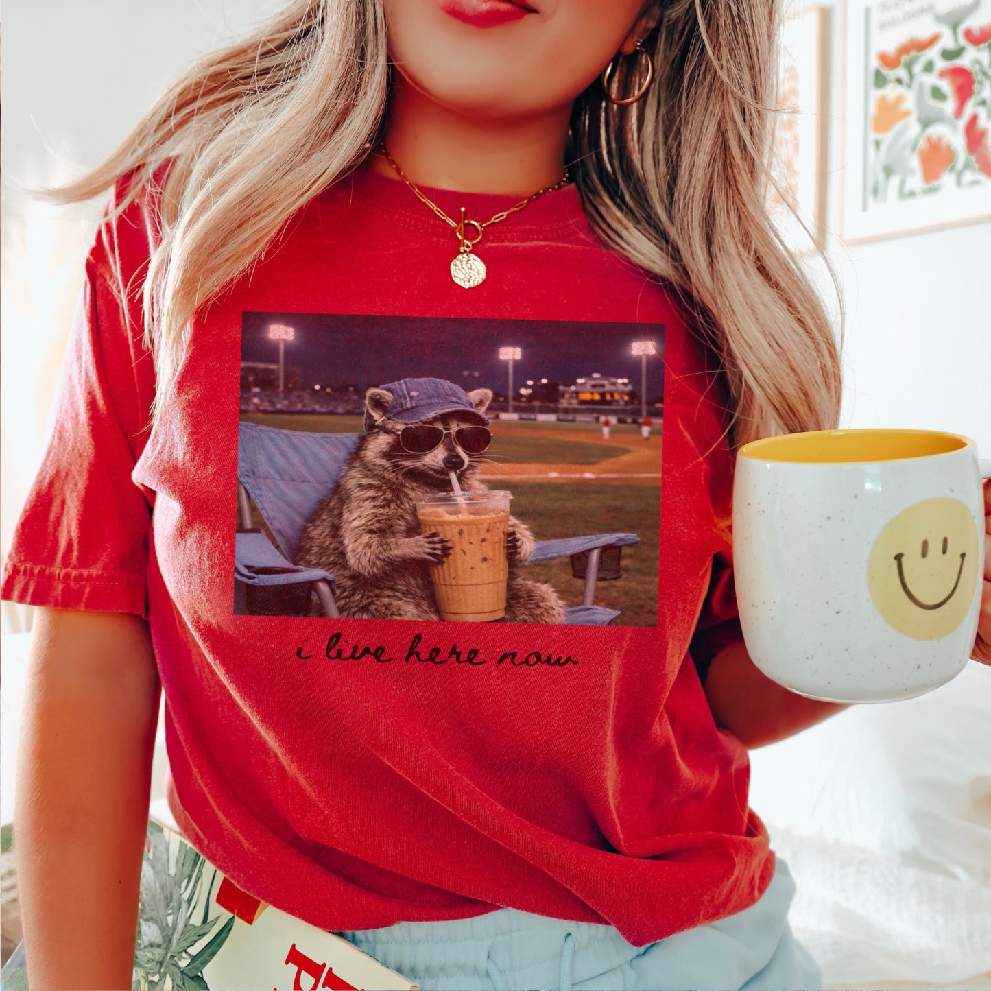 I Live Here Now Raccoon Baseball Comfort Color Graphic Tee