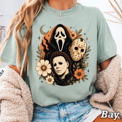 Floral Halloween Characters Comfort Color Graphic Tee