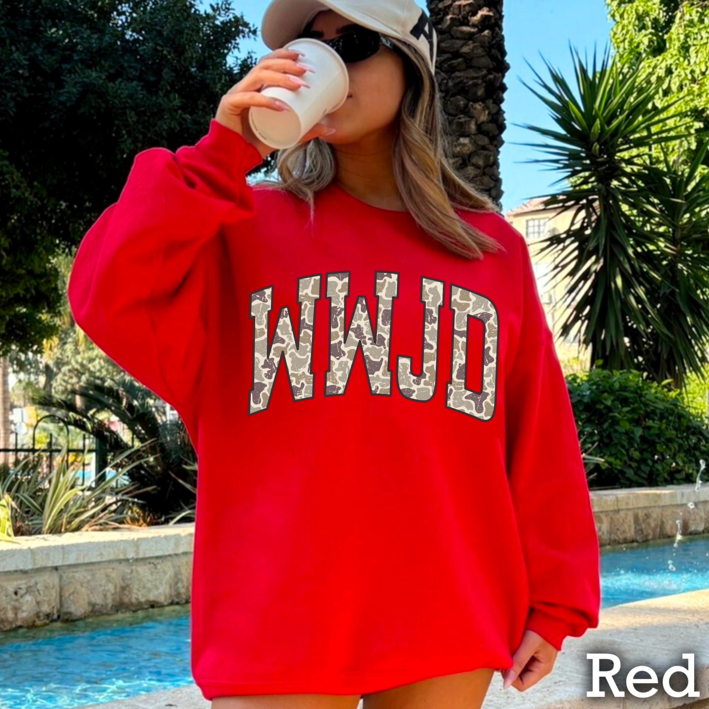 WWJD Camo Christian Graphic Crewneck Sweatshirt