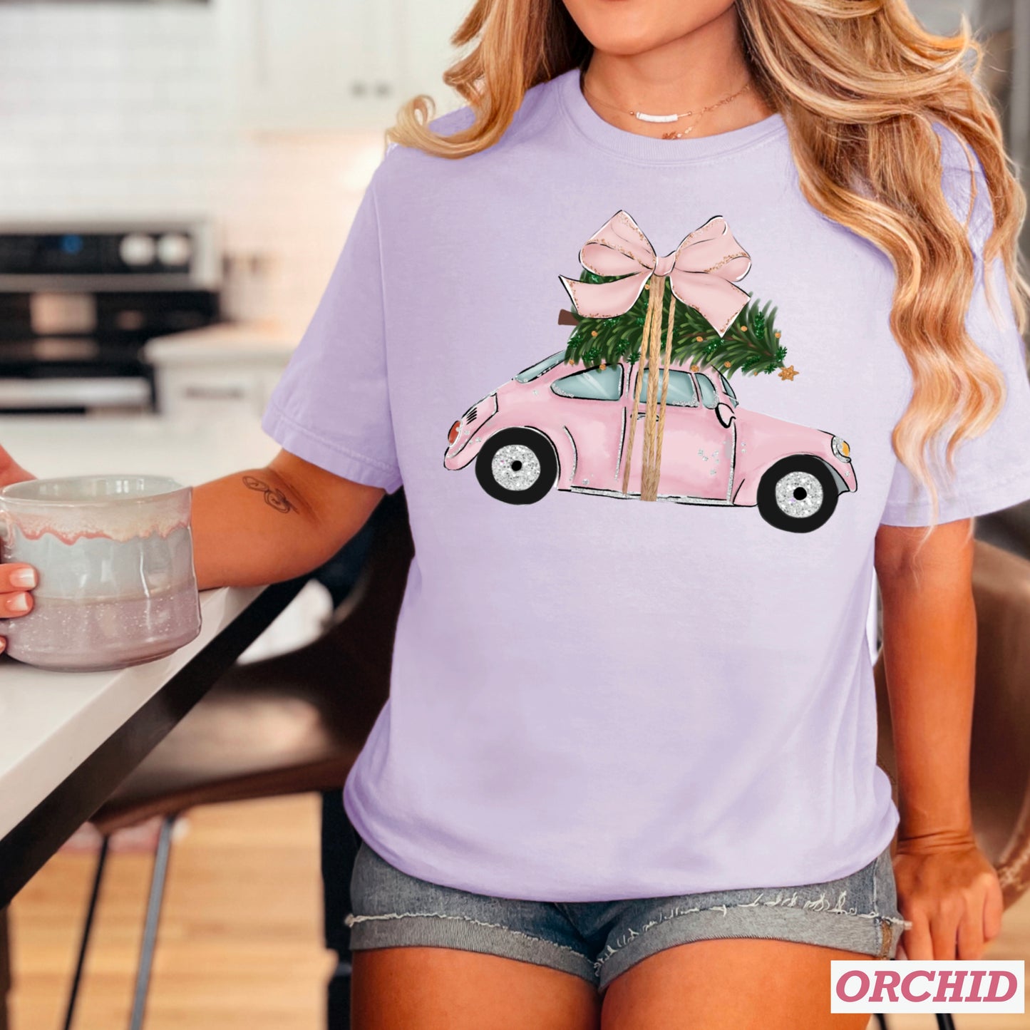 Pink Christmas Car Comfort Color Graphic Tee