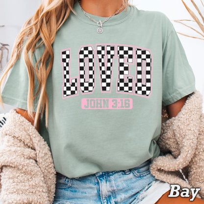 Checkered Loved John 3:16 Valentine’s Day Comfort Color Graphic Tee
