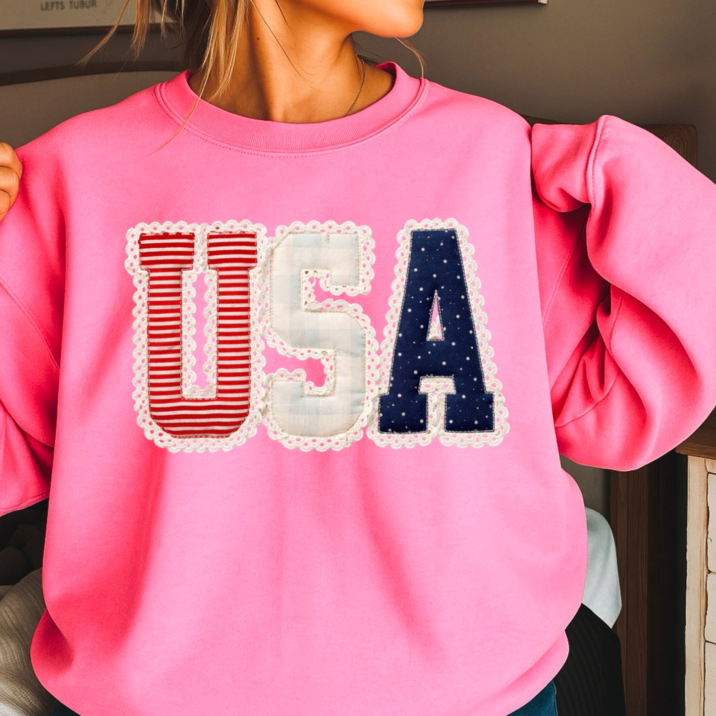 USA Quilted Lace Crewneck Sweatshirt
