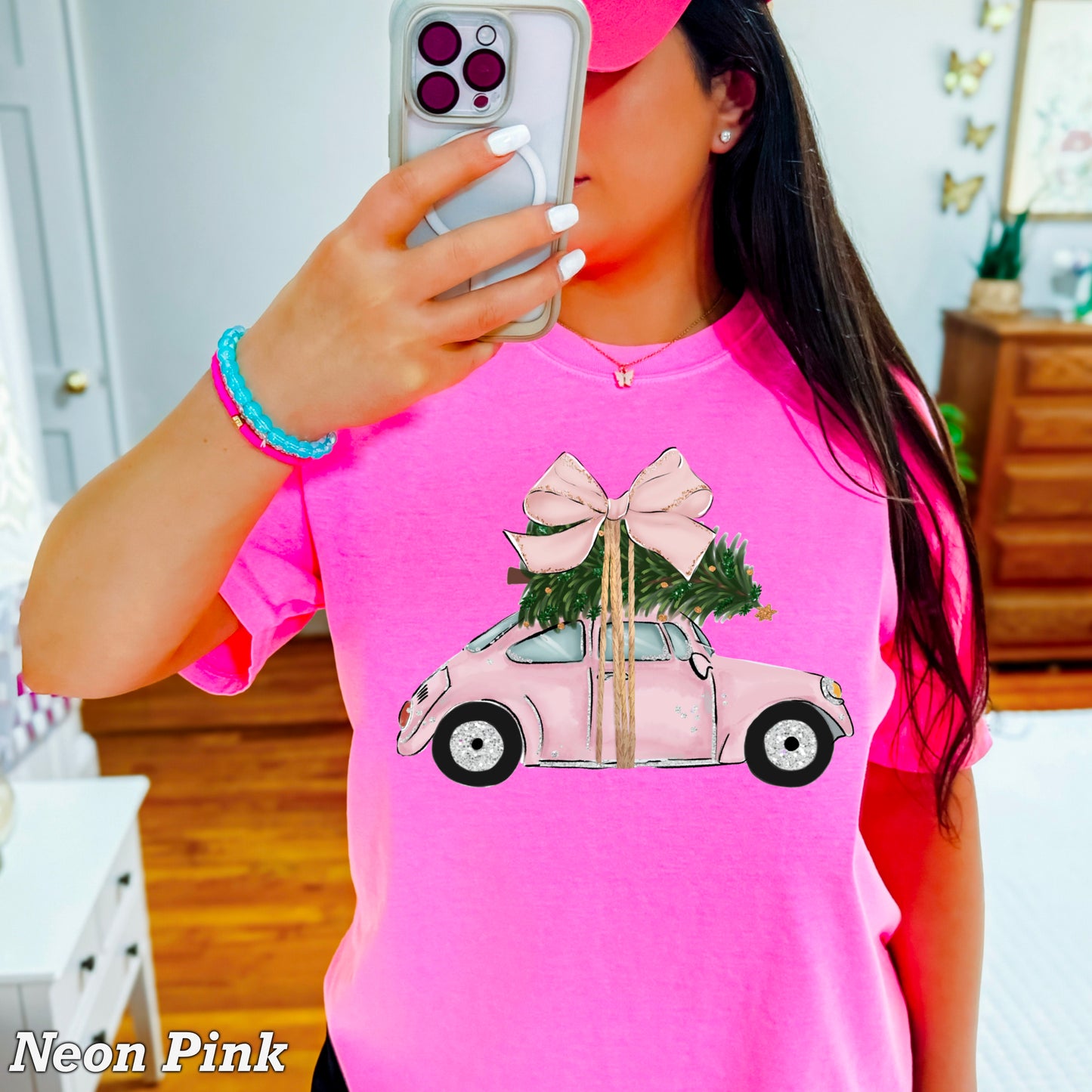 Pink Christmas Car Comfort Color Graphic Tee