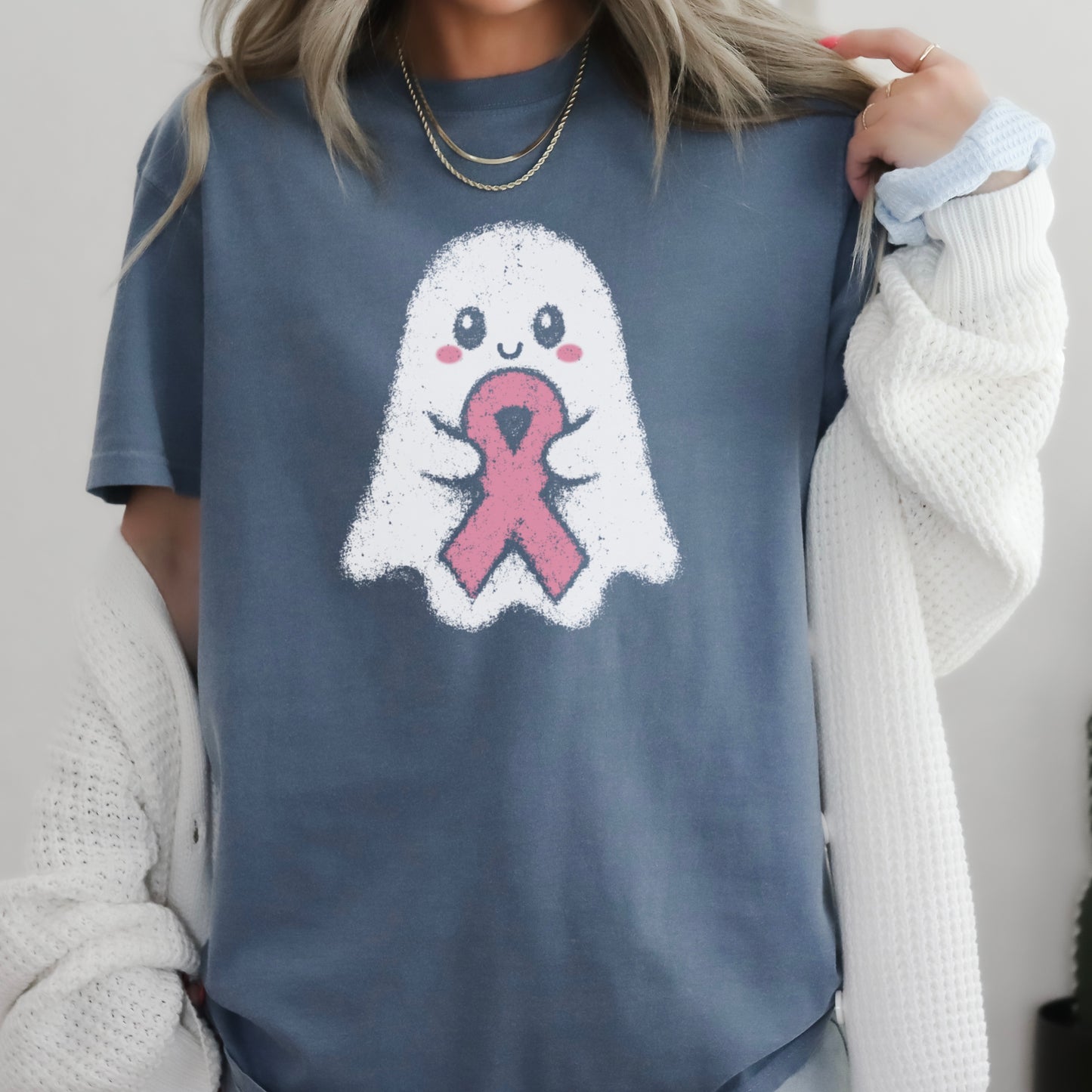 Breast Cancer Ghost Comfort Color Graphic Tee