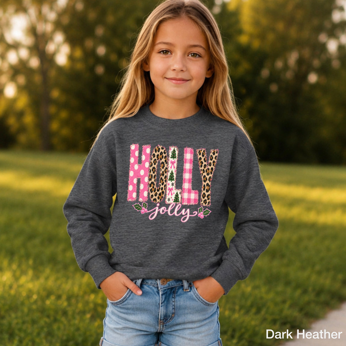 Leopard Holly Jolly Christmas Youth Crewneck Sweatshirt