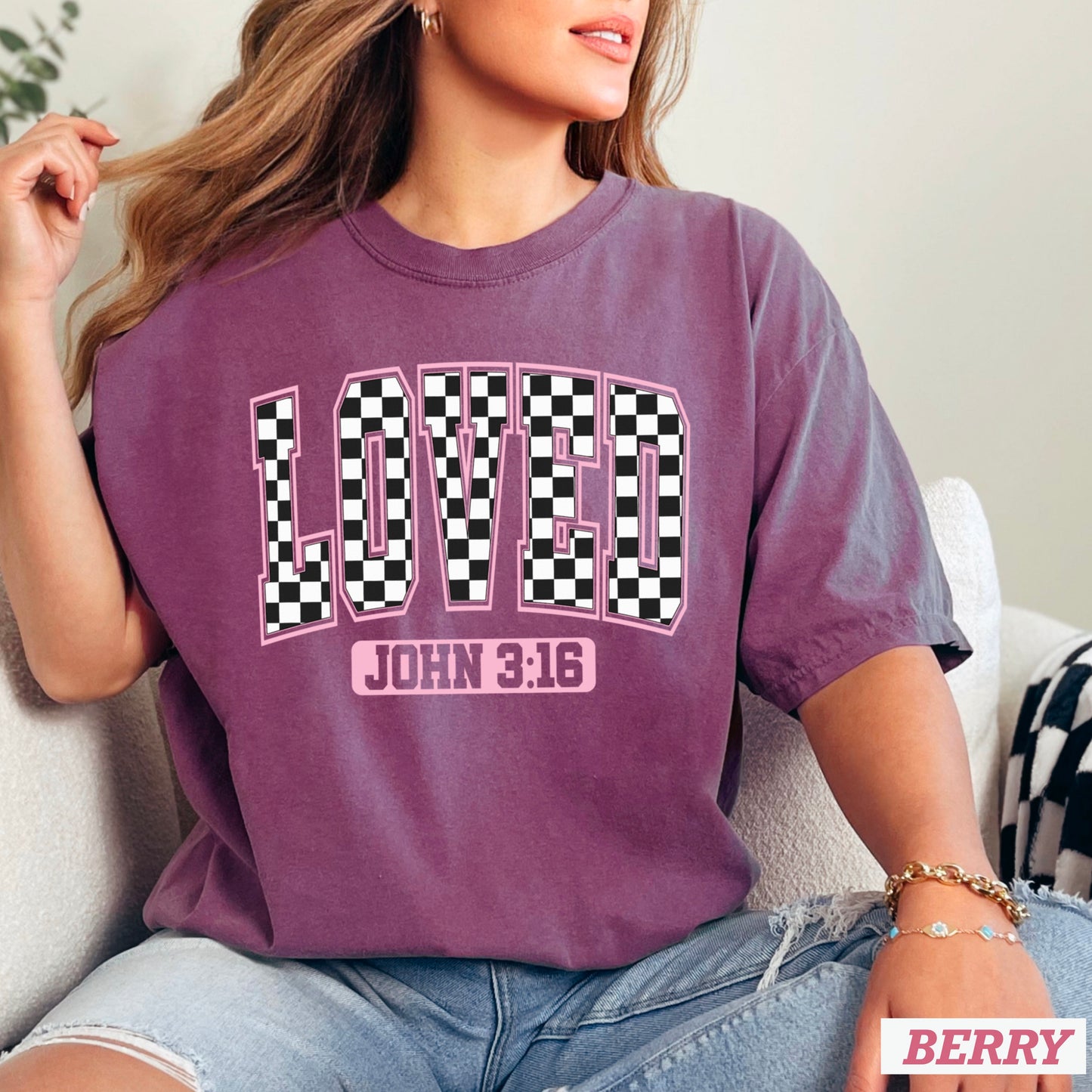 Checkered Loved John 3:16 Valentine’s Day Comfort Color Graphic Tee