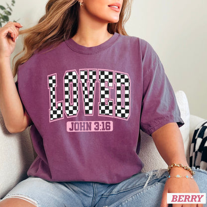 Checkered Loved John 3:16 Valentine’s Day Comfort Color Graphic Tee