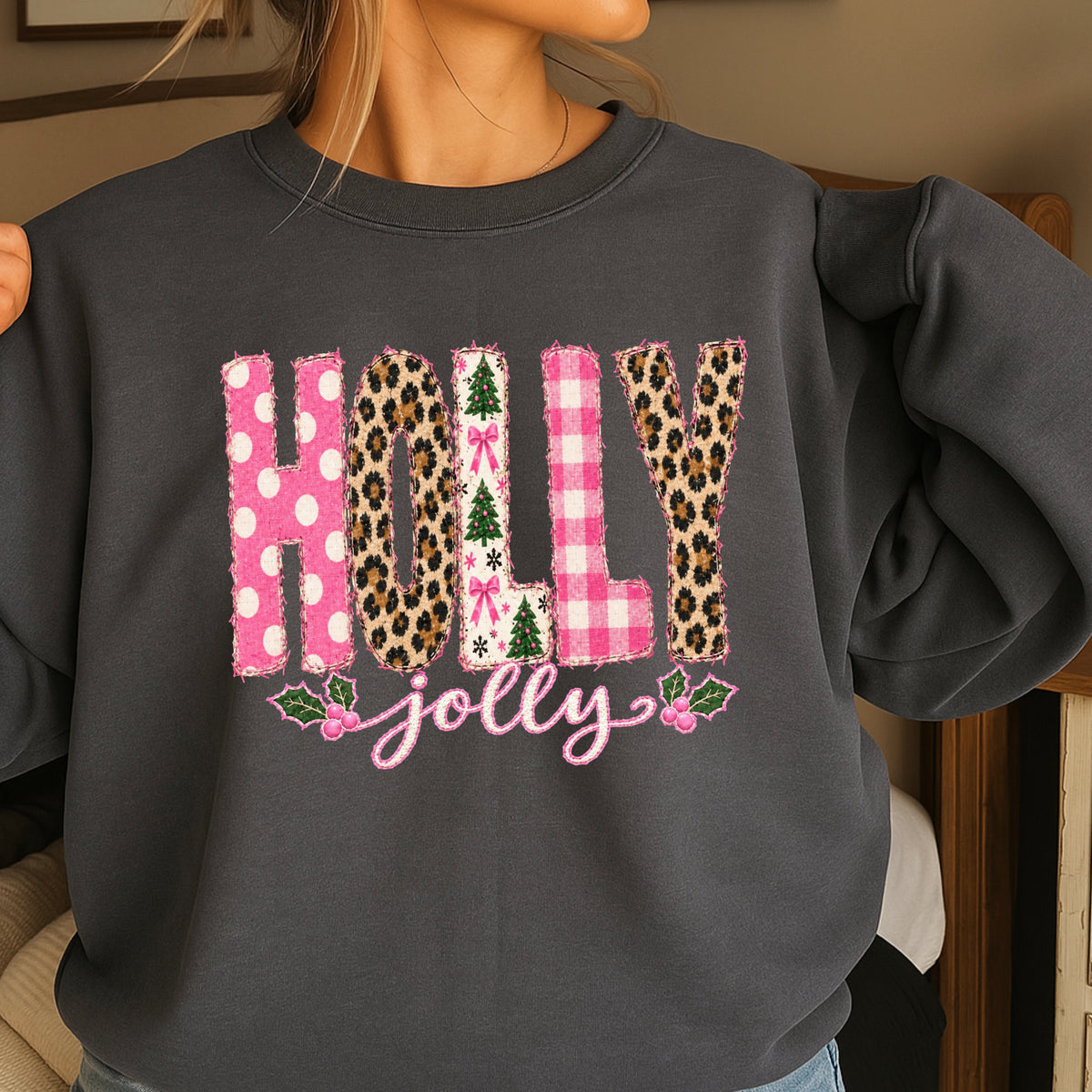 Leopard Holly Jolly Christmas Crewneck Sweatshirt