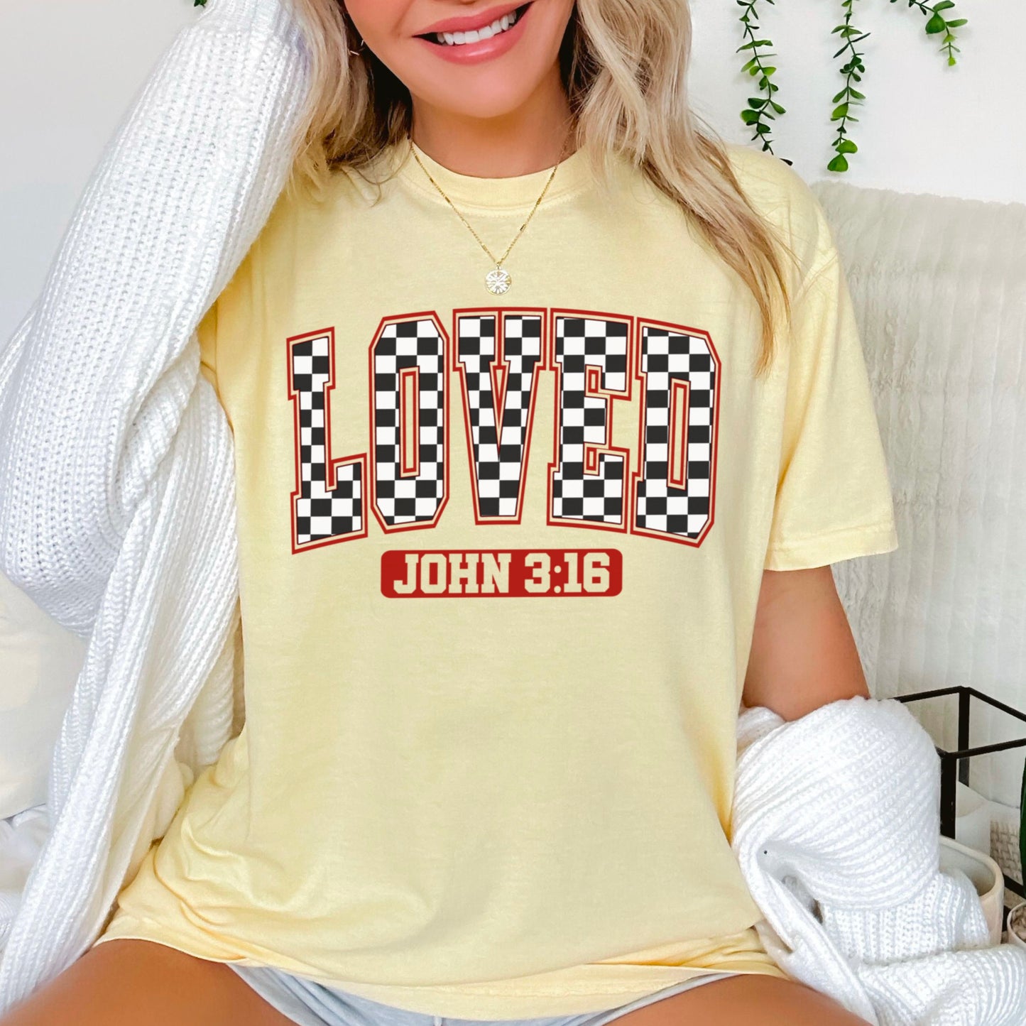 Checkered Loved John 3:16 Valentine’s Day Comfort Color Graphic Tee