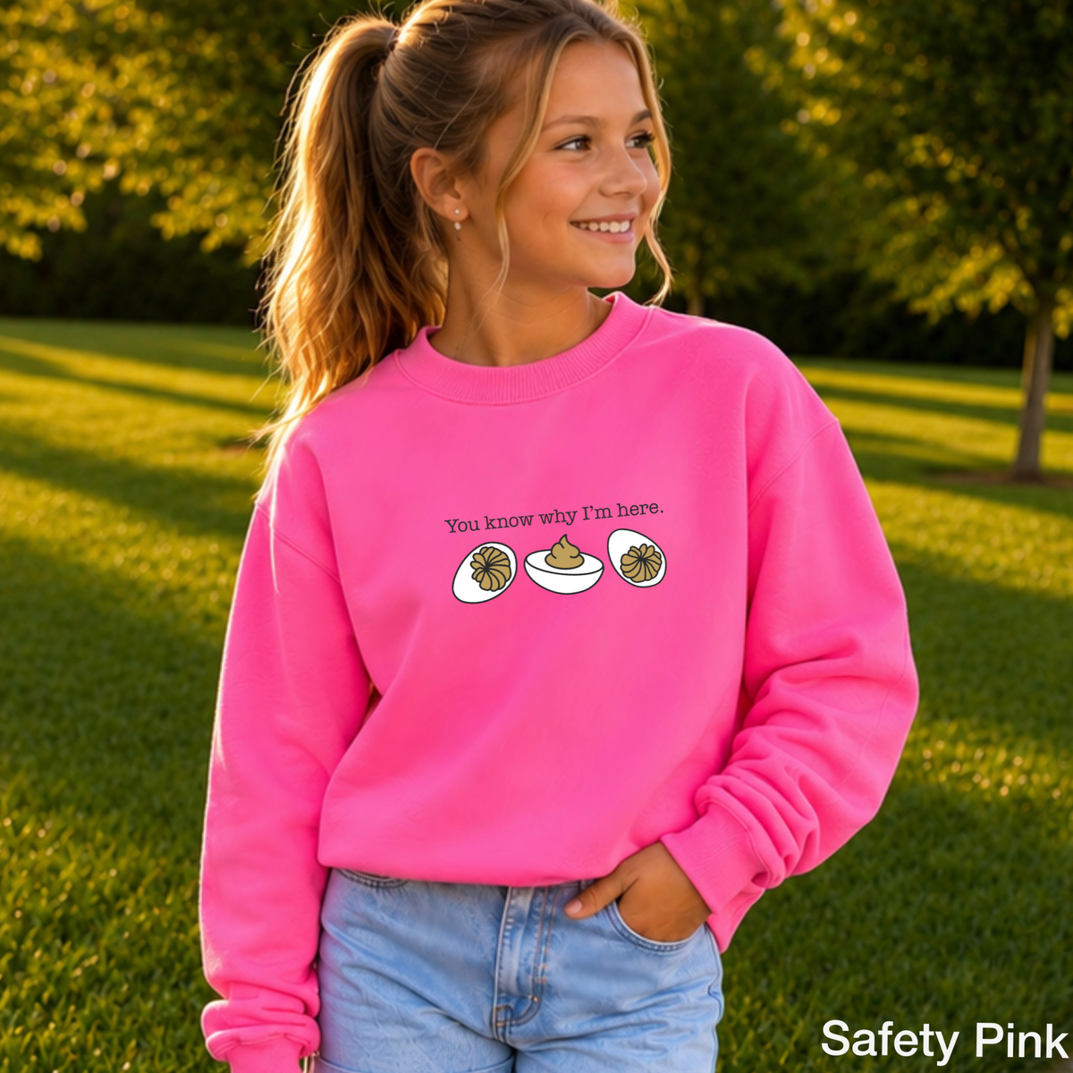 Deviled Eggs You Know Why I'm Here Youth Crewneck Sweatshirt