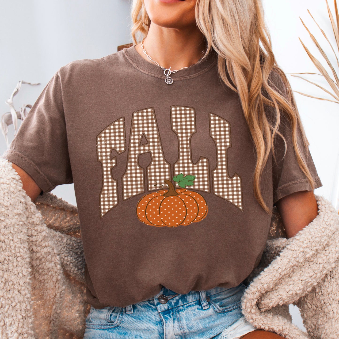 Gingham Fall Pumpkin Comfort Color Graphic Tee