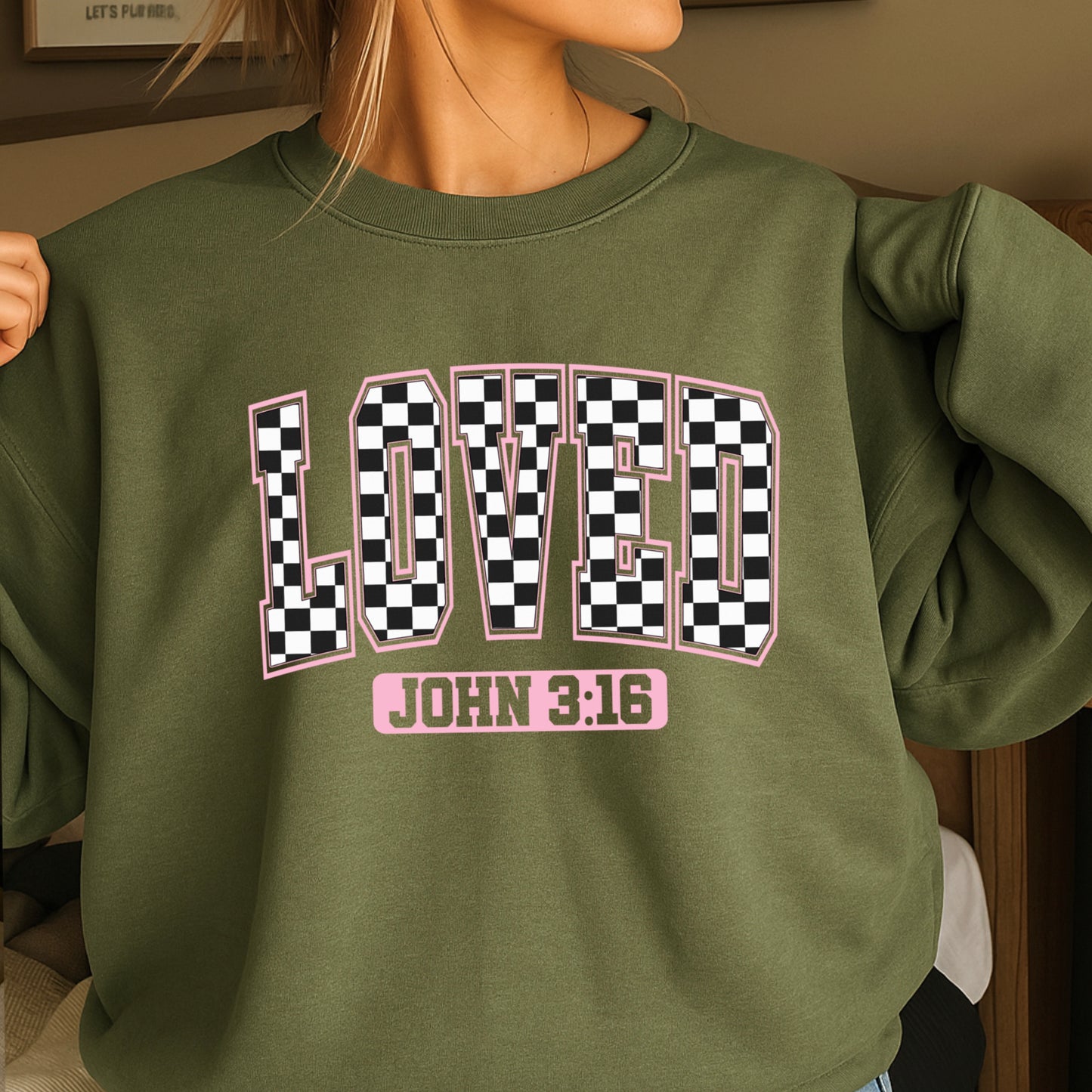 Checkered Loved John 3:16 Valentine’s Day Crewneck Sweatshirt