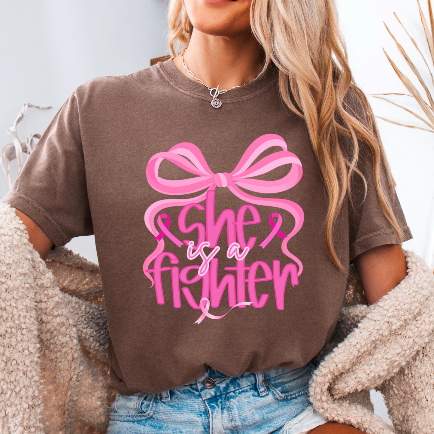 She Is A Fighter Breast Cancer Comfort Color Graphic Tee