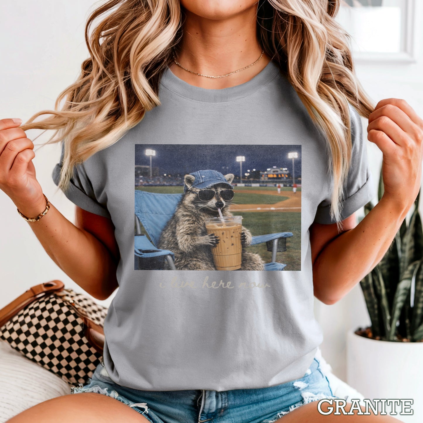 I Live Here Now Raccoon Baseball Comfort Color Graphic Tee