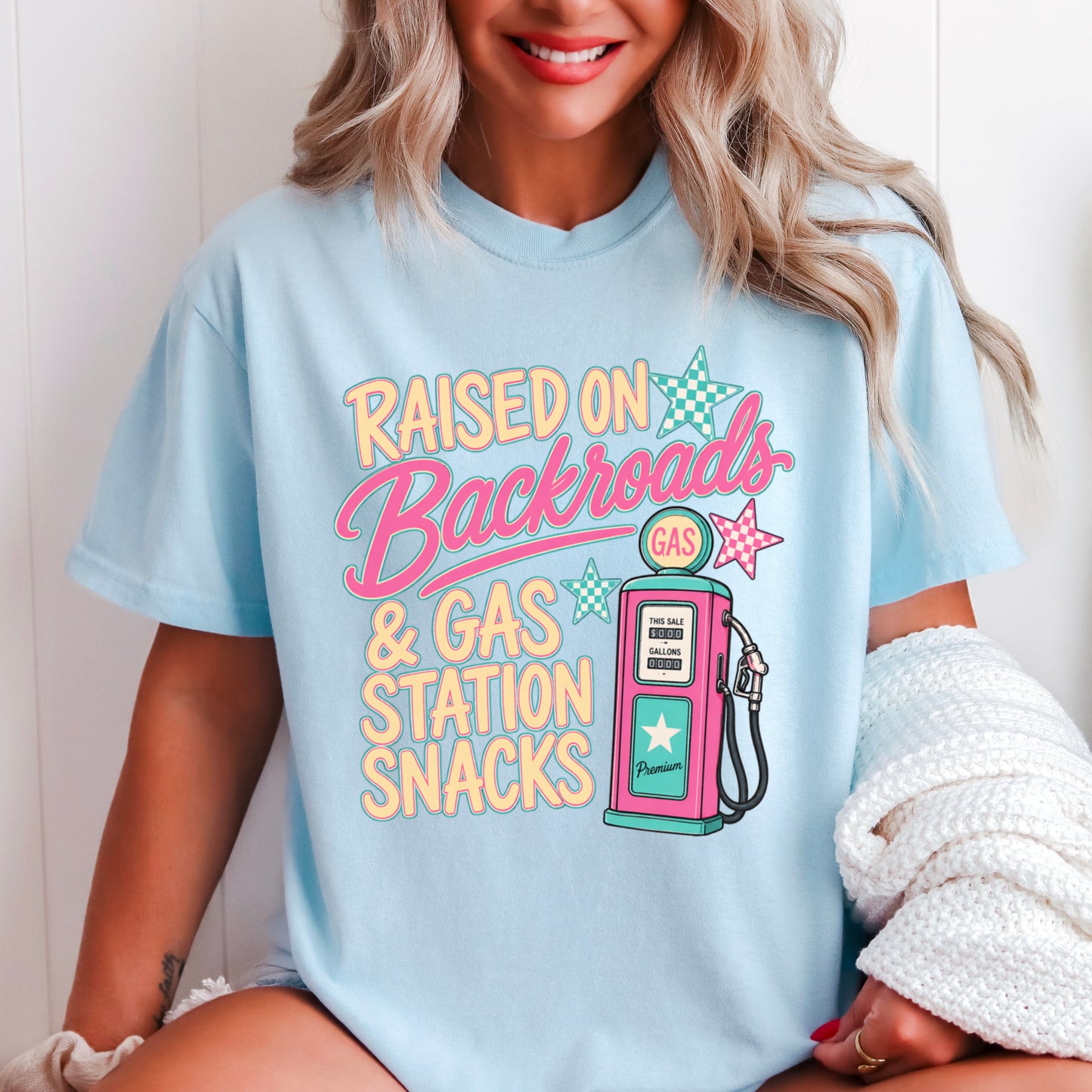 Raised On Backroads & Gas Station Snacks Comfort Color Graphic Tee