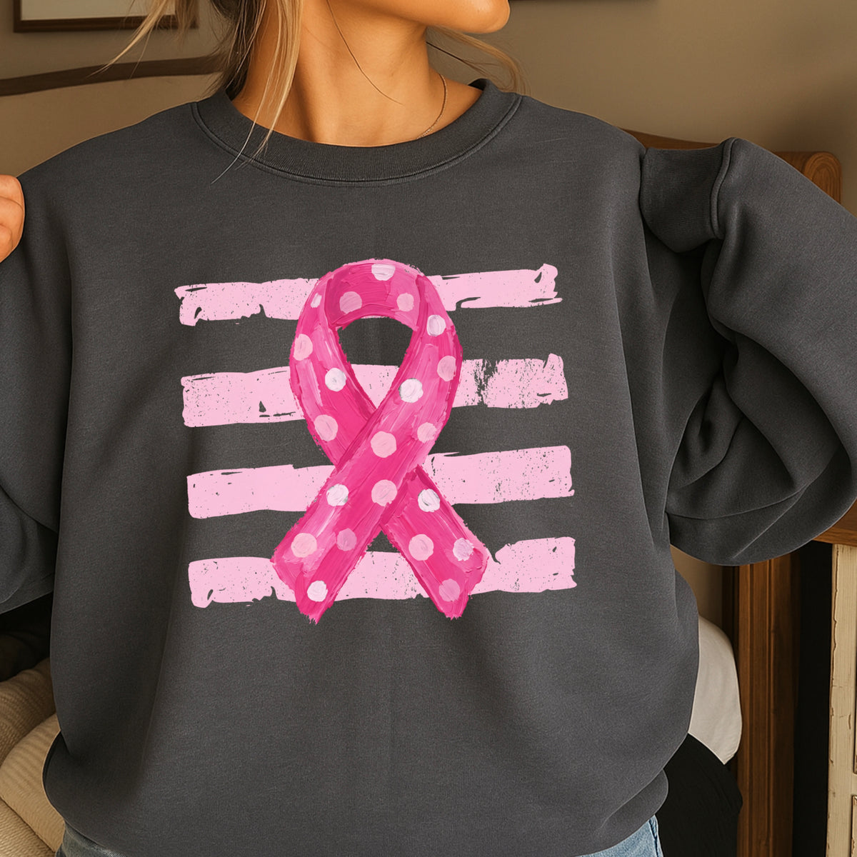 Polka Dot Cancer Awareness Ribbon Crewneck Sweatshirt