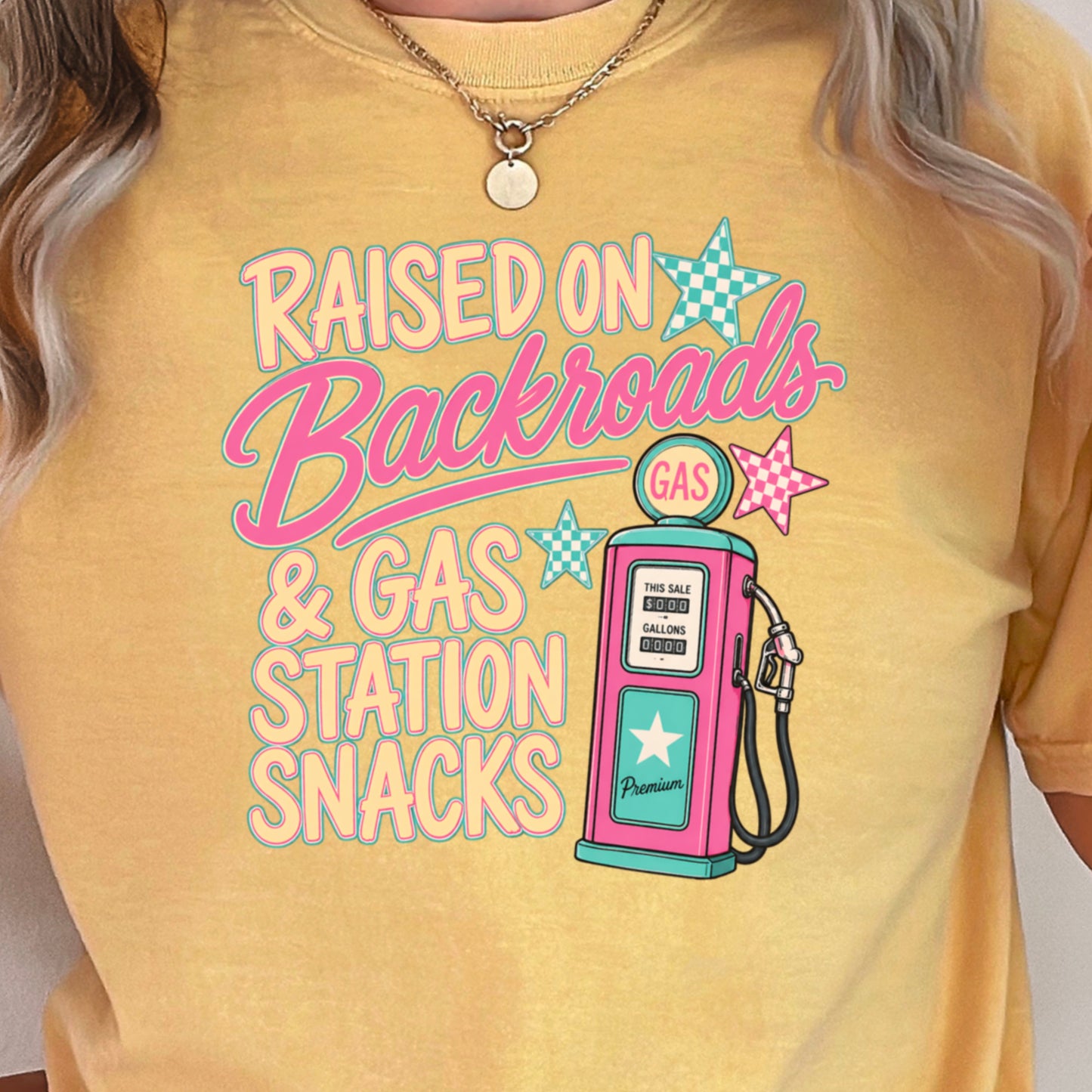 Raised On Backroads & Gas Station Snacks Comfort Color Graphic Tee
