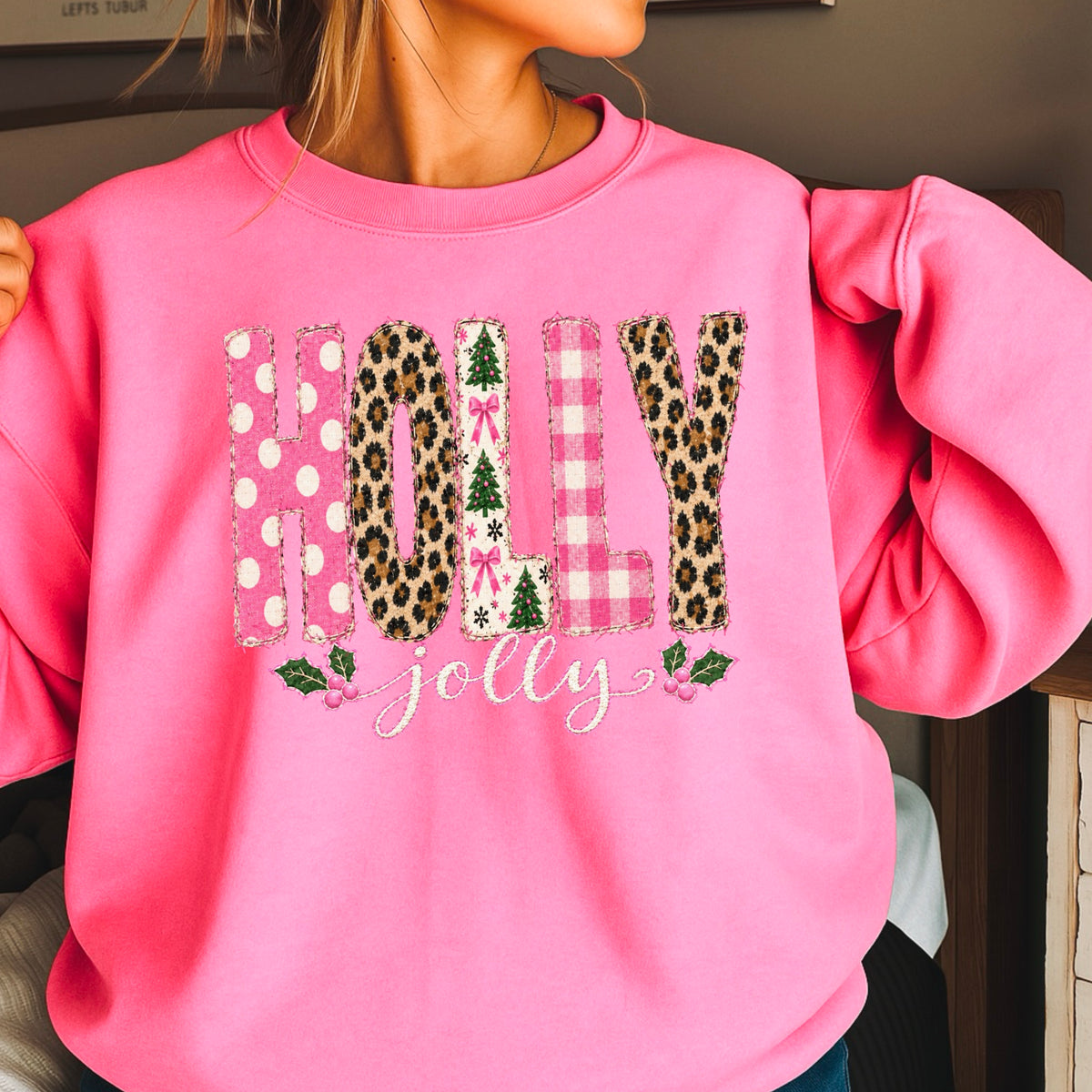 Leopard Holly Jolly Christmas Crewneck Sweatshirt