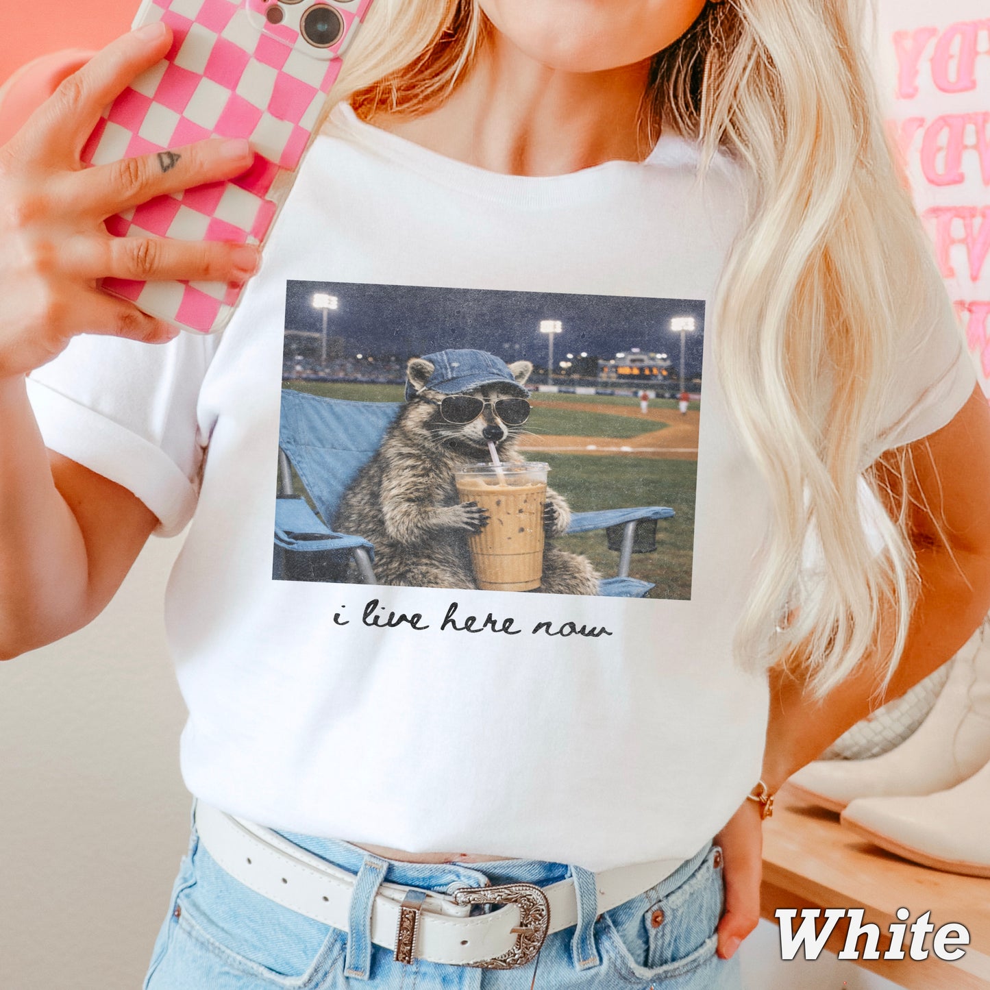I Live Here Now Raccoon Baseball Comfort Color Graphic Tee