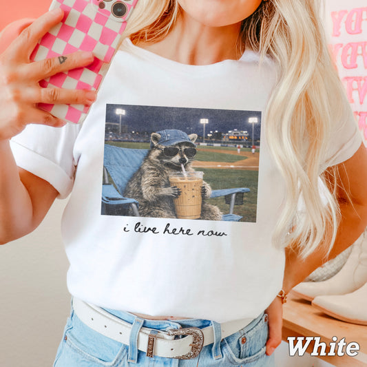 I Live Here Now Raccoon Baseball Comfort Color Graphic Tee