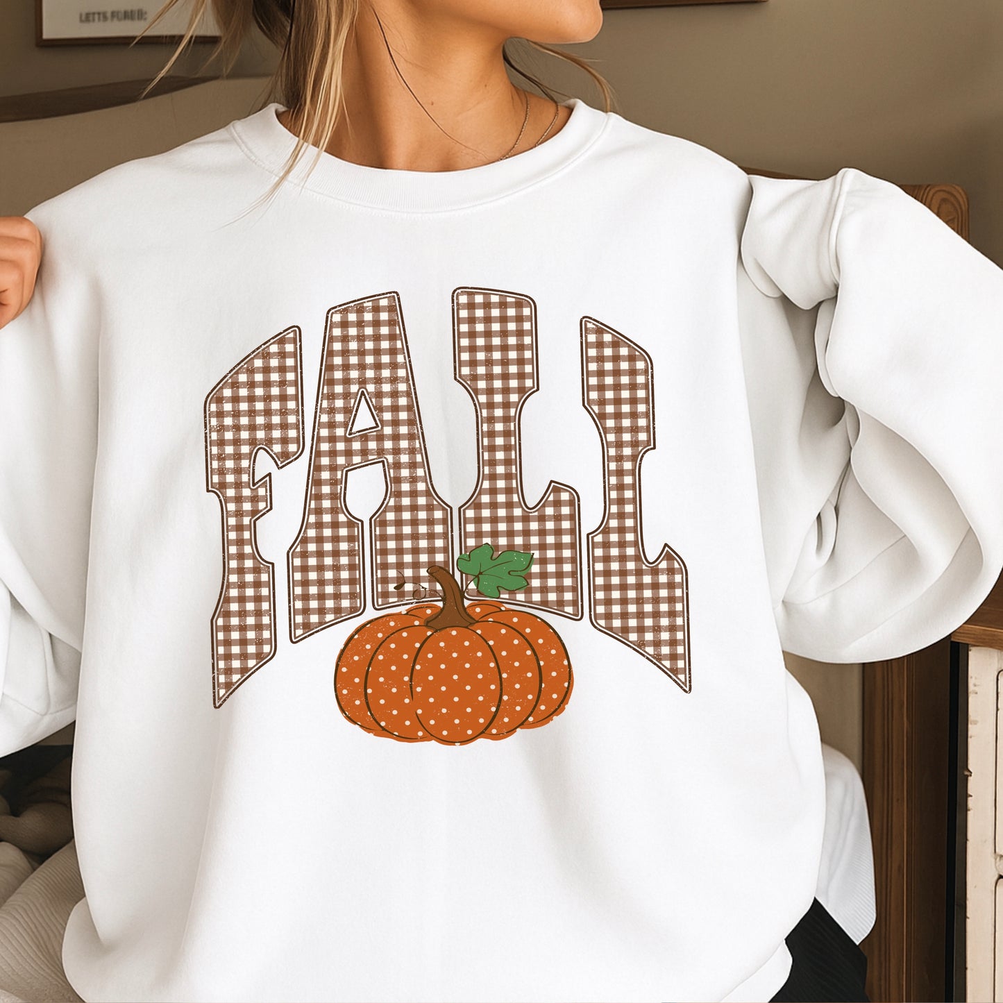 Fall Pumpkin Gingham Crewneck Sweatshirt