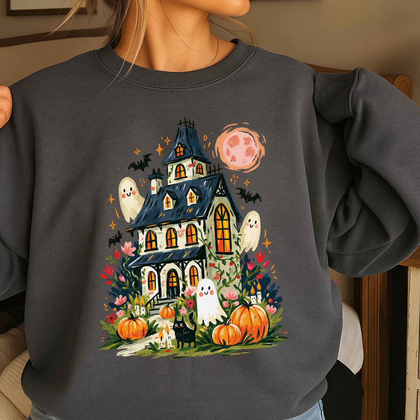 Haunted House Halloween Crewneck Sweatshirt