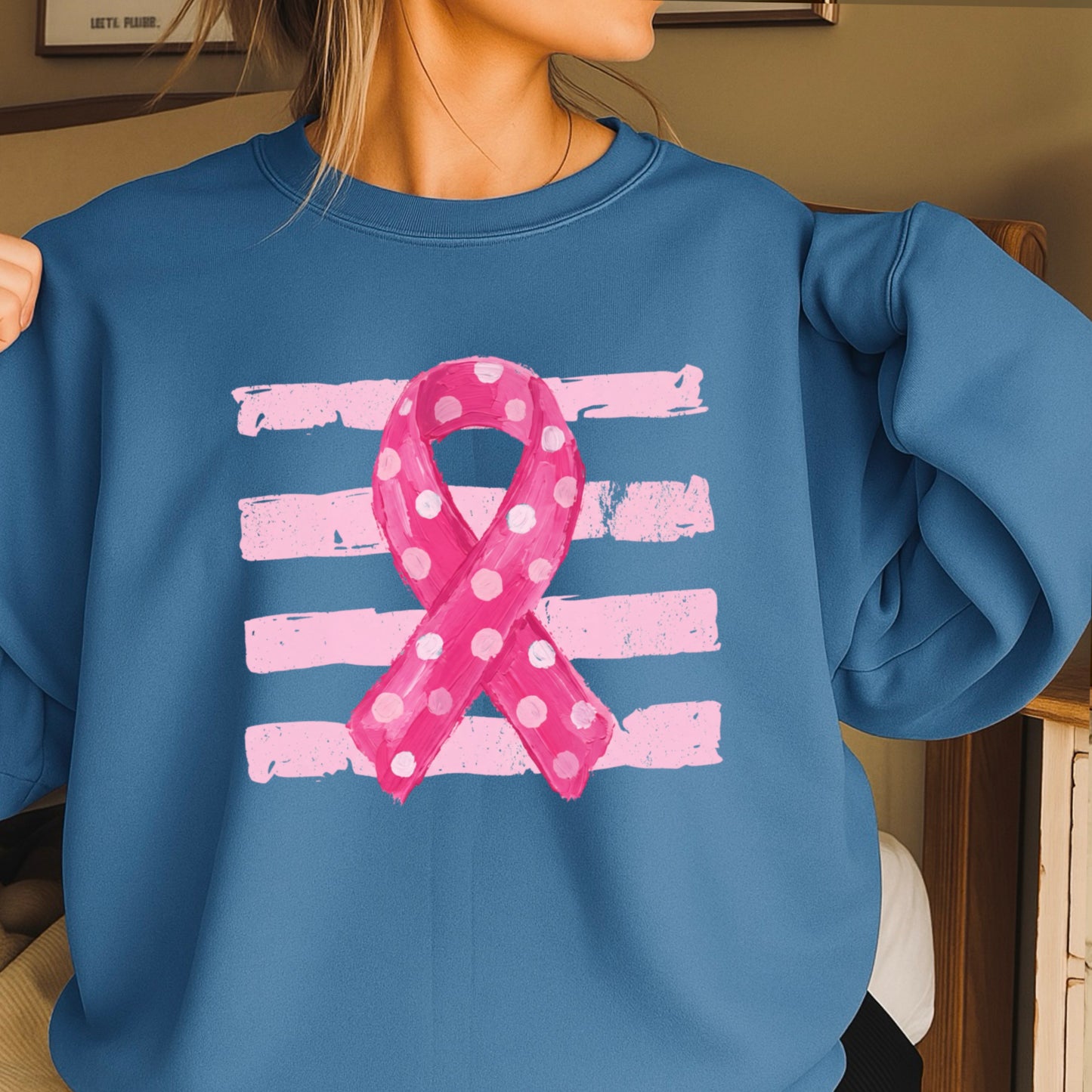 Polka Dot Cancer Awareness Ribbon Crewneck Sweatshirt