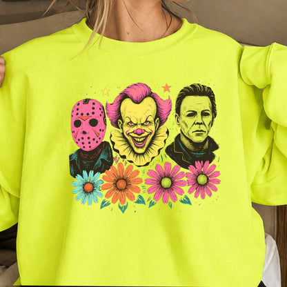 Floral Horror Film Characters Halloween Crewneck Sweatshirt