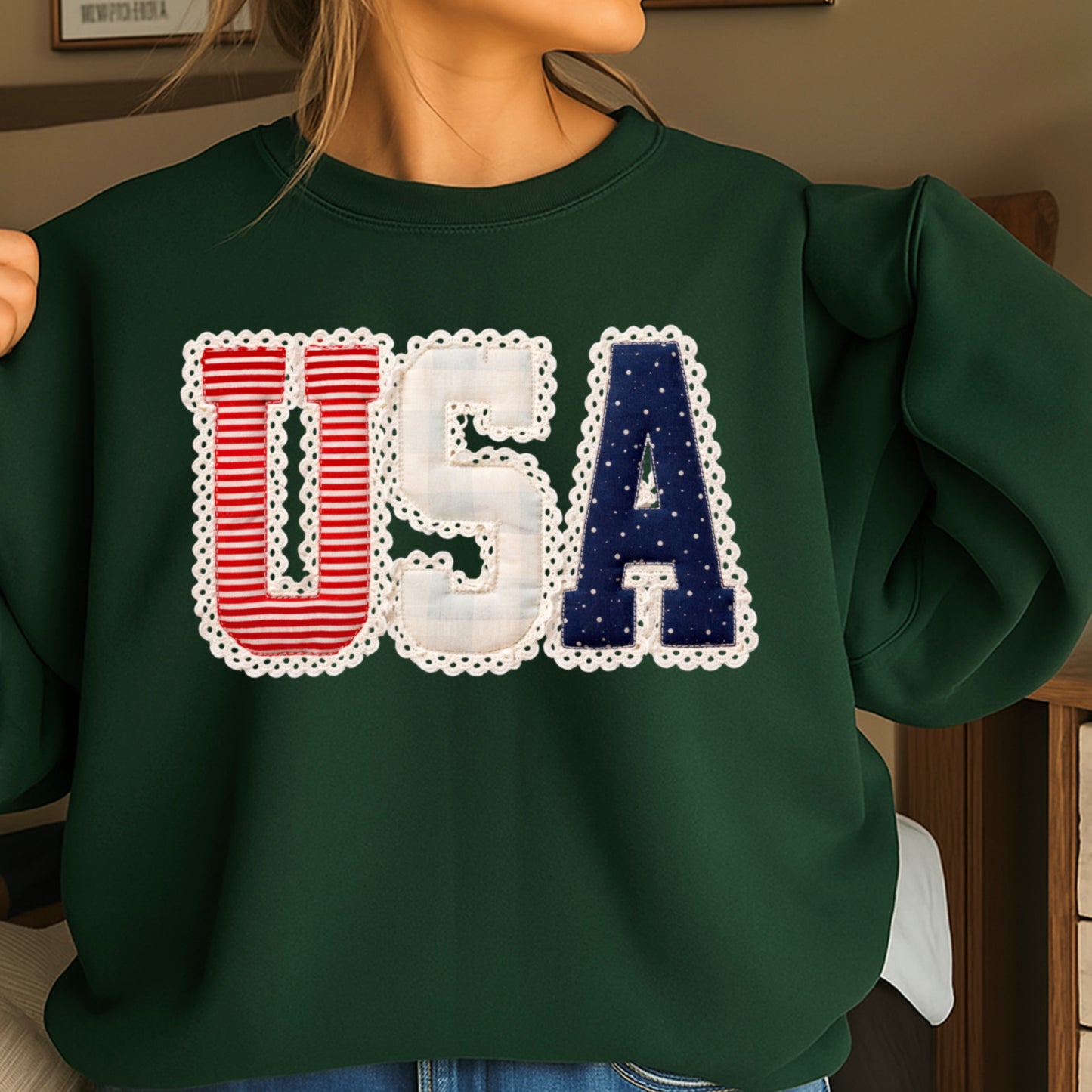USA Quilted Lace Crewneck Sweatshirt