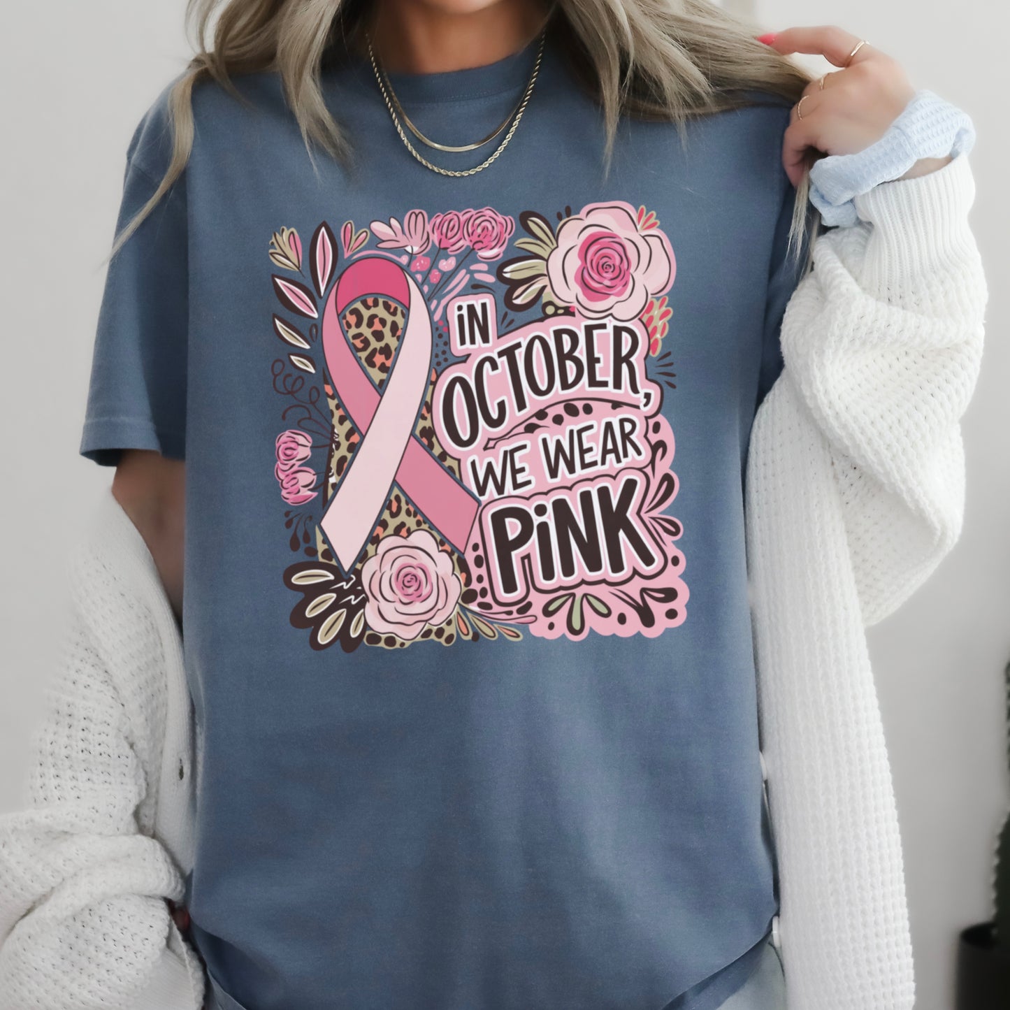 In October We Wear Pink Cancer Comfort Color Graphic Tee