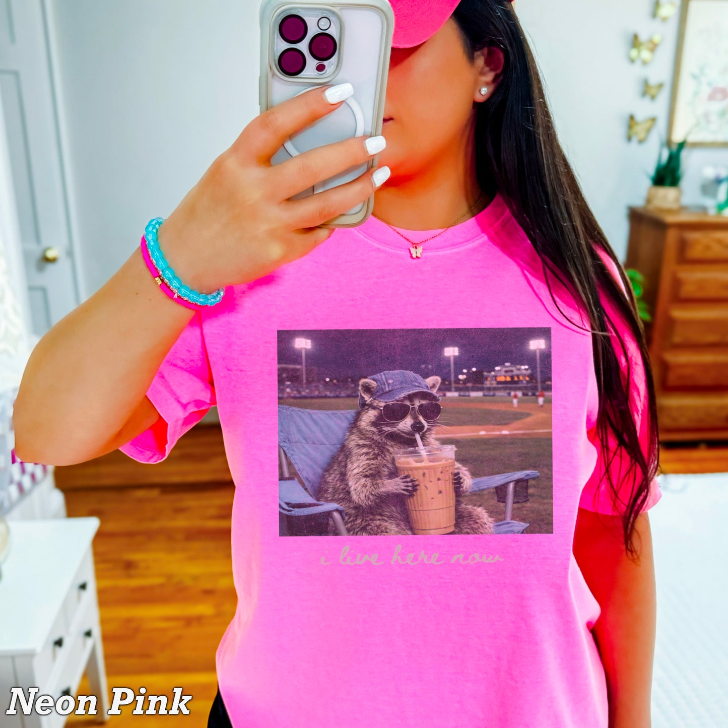 I Live Here Now Raccoon Baseball Comfort Color Graphic Tee