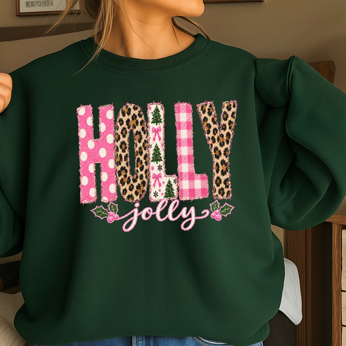 Leopard Holly Jolly Christmas Crewneck Sweatshirt