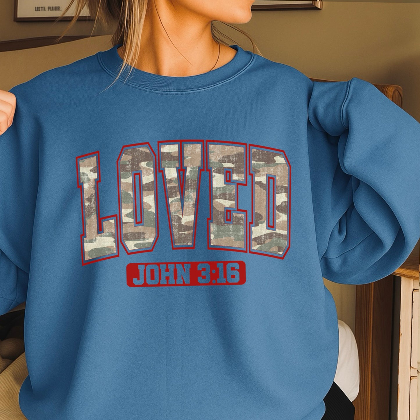 Camo Loved John 3:16 Valentine’s Day Crewneck Sweatshirt