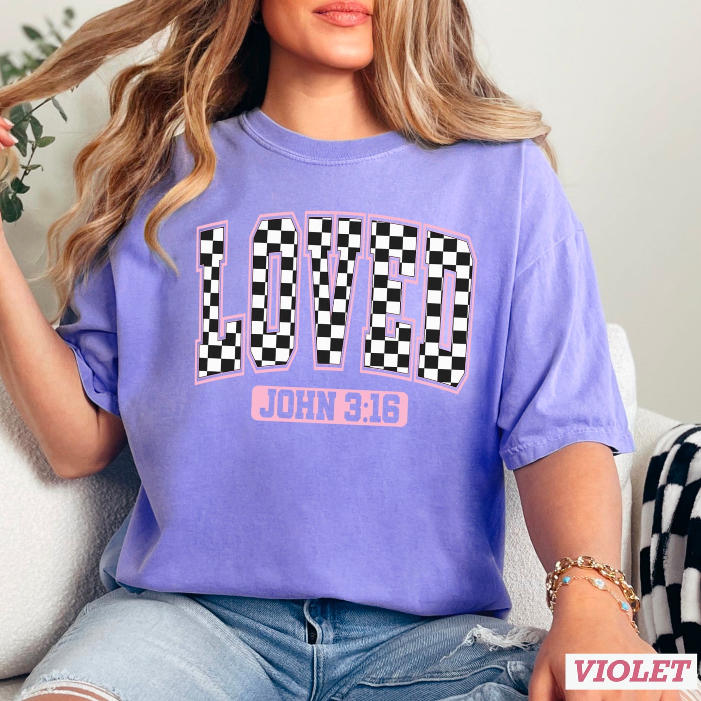 Checkered Loved John 3:16 Valentine’s Day Comfort Color Graphic Tee