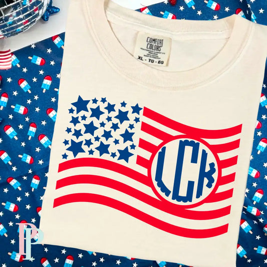 4th Of July Monogram Flag Comfort Color Monogram Graphic Tee