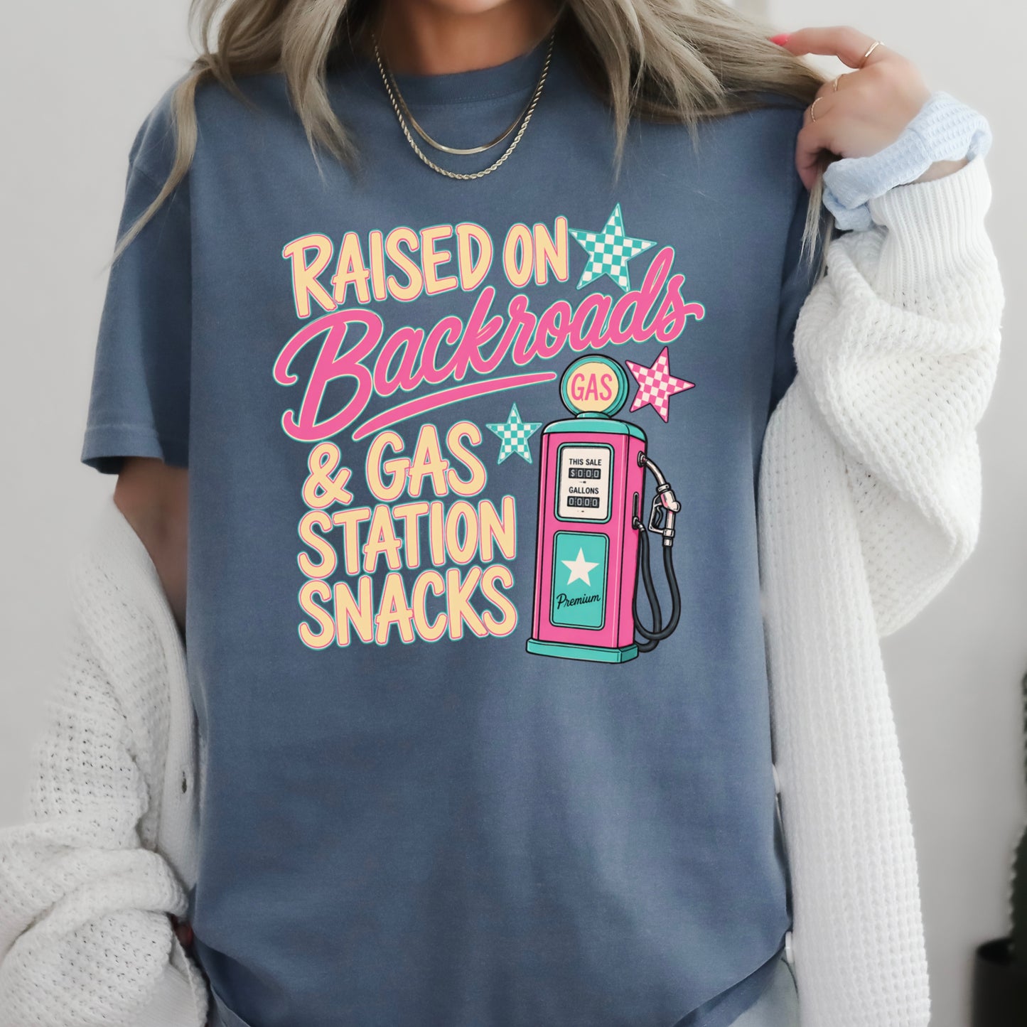 Raised On Backroads & Gas Station Snacks Comfort Color Graphic Tee