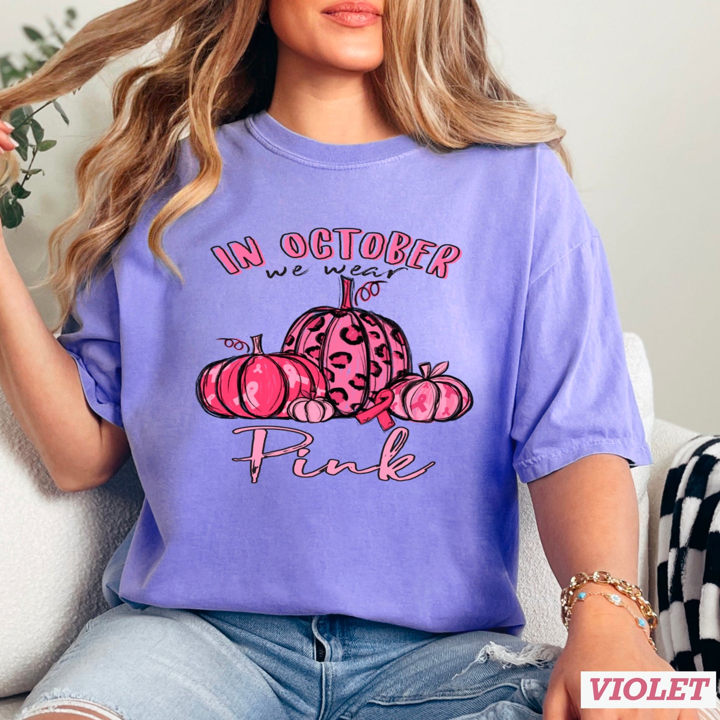 In October We Wear Pink Cancer Comfort Color Graphic Tee