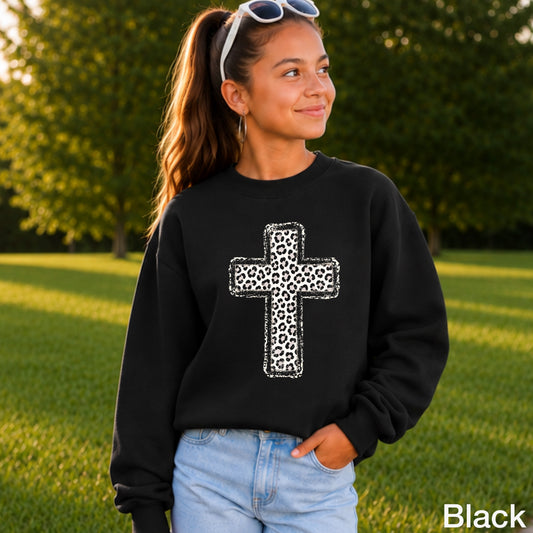 Snow Leopard Cross Christian Youth Crewneck Sweatshirt