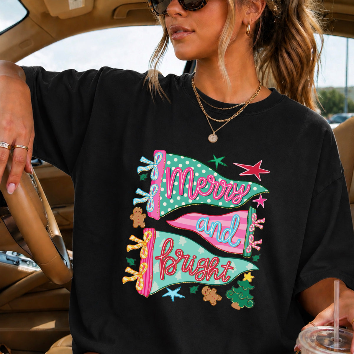 Merry And Bright Christmas Comfort Color Graphic Tee