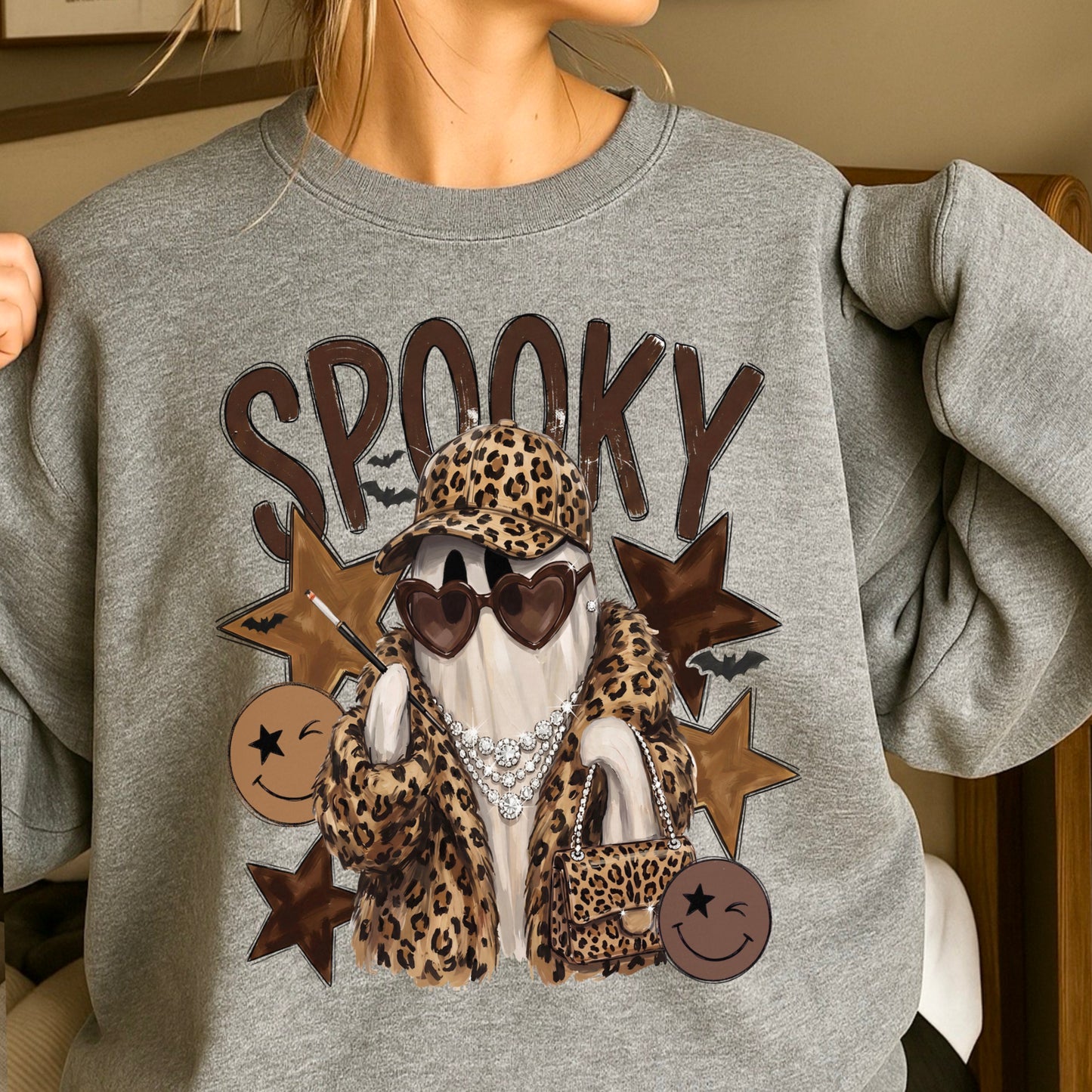 Leopard Spooky Ghost Crewneck Sweatshirt