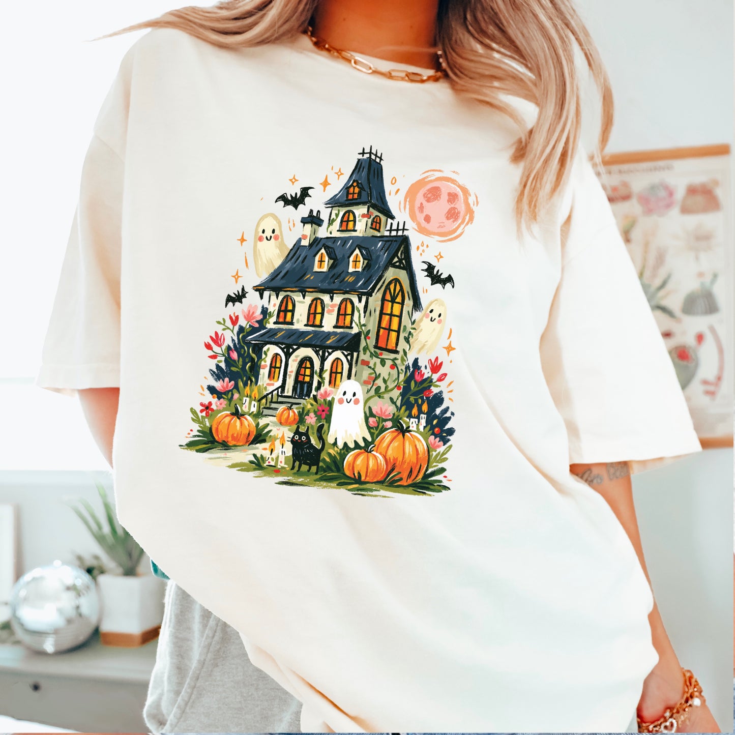 Haunted House Halloween Comfort Color Graphic Tee