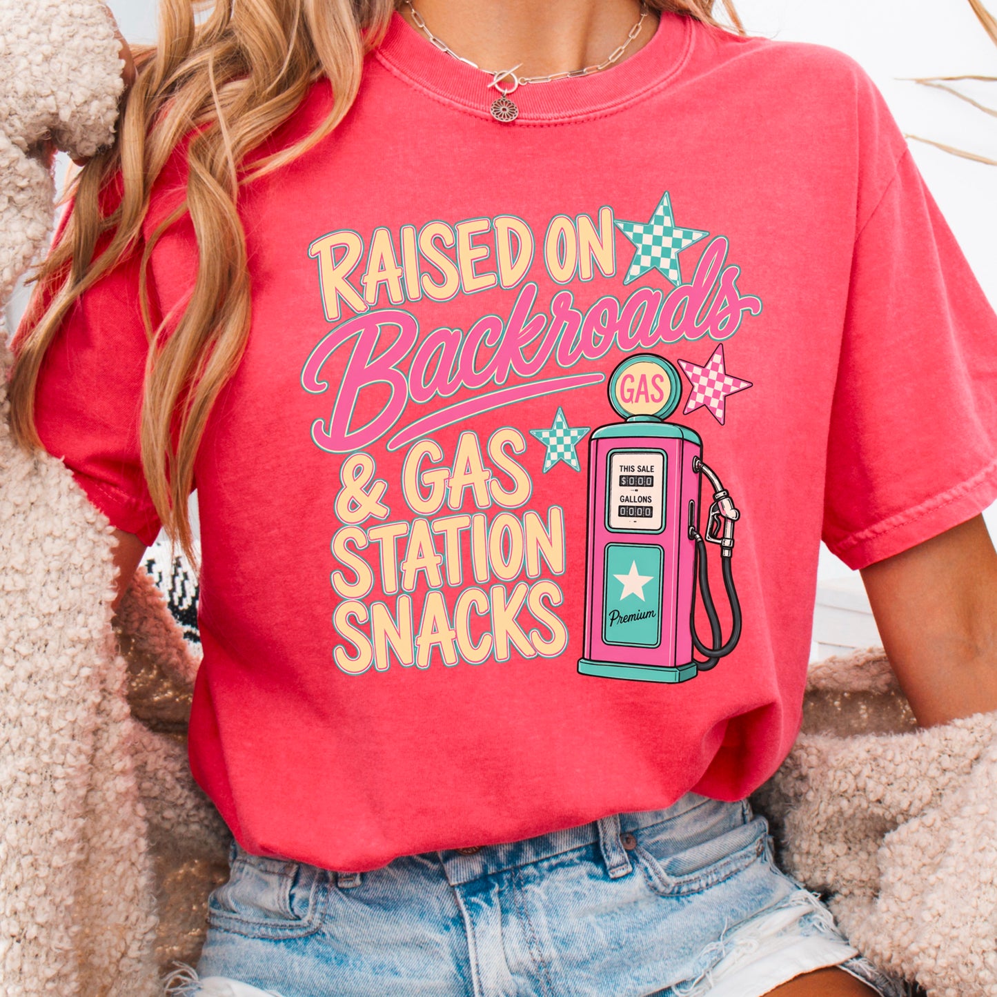 Raised On Backroads & Gas Station Snacks Comfort Color Graphic Tee