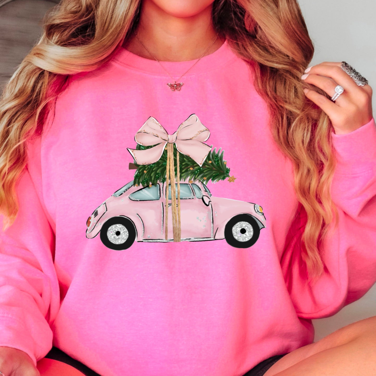 Pink Christmas Car Crewneck Sweatshirt