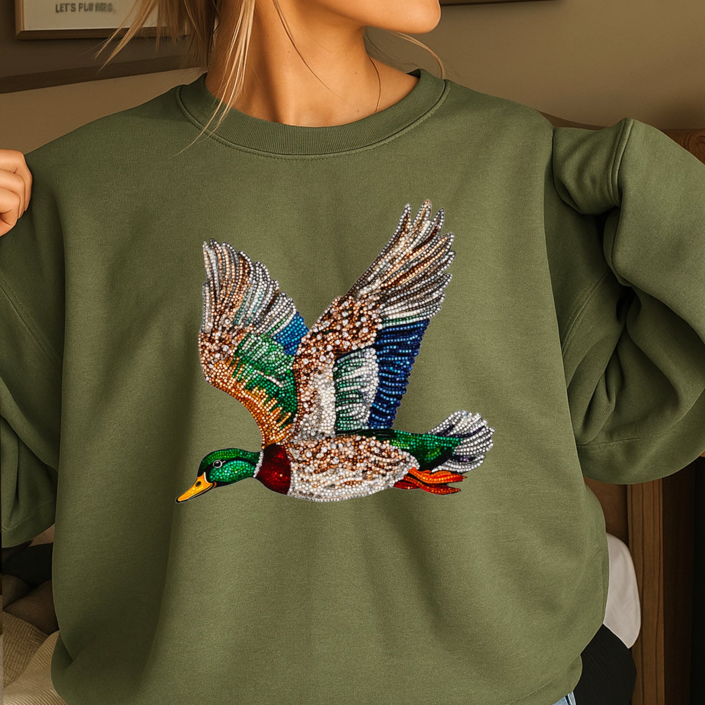 Faux Rhinestone Mallard Duck Crewneck Sweatshirt