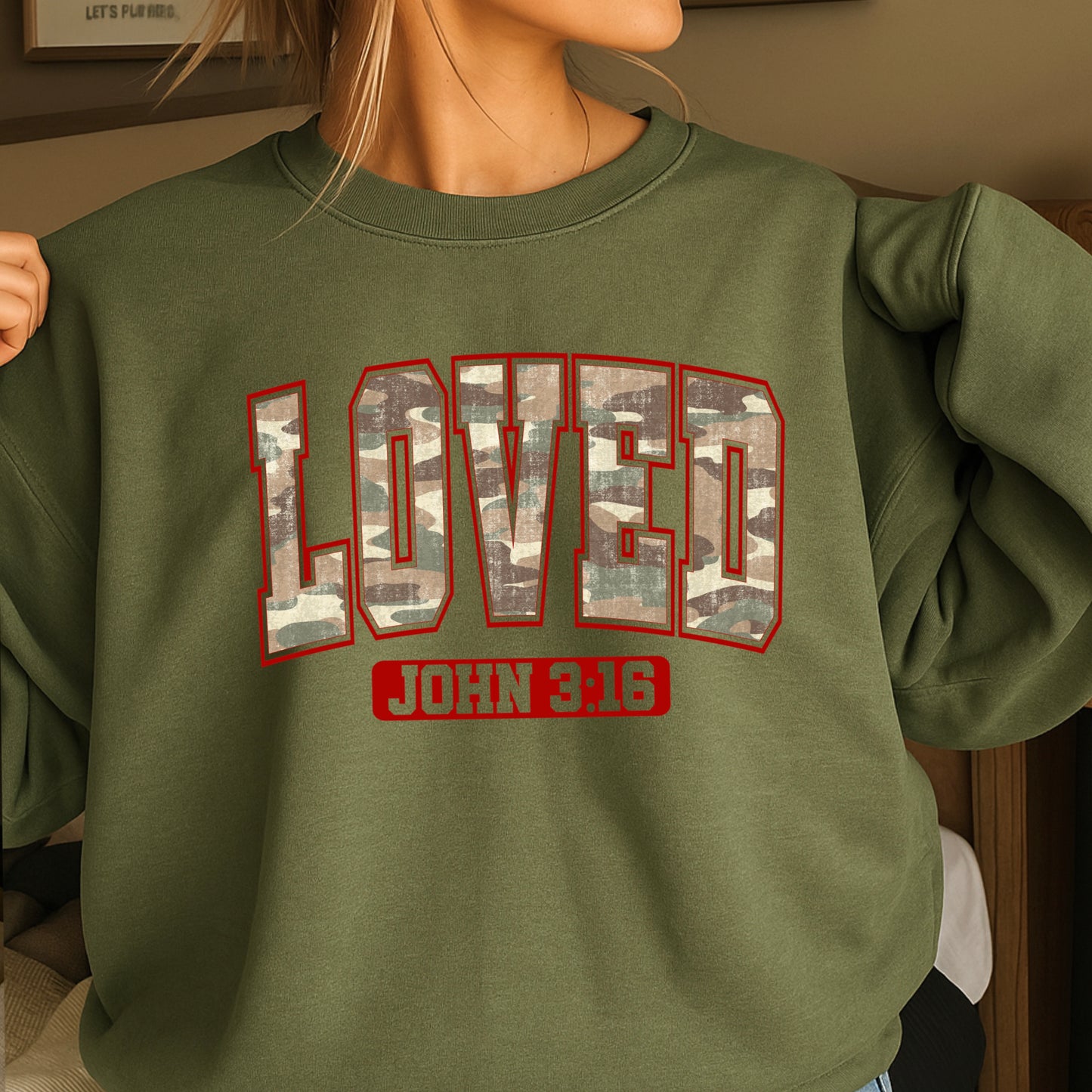 Camo Loved John 3:16 Valentine’s Day Crewneck Sweatshirt
