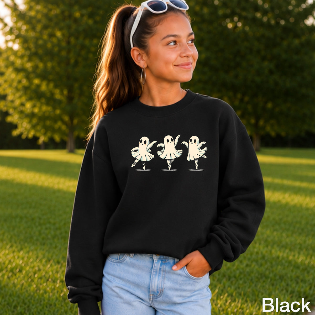 Ballerina Dancing Ghost Halloween Youth Crewneck Sweatshirt