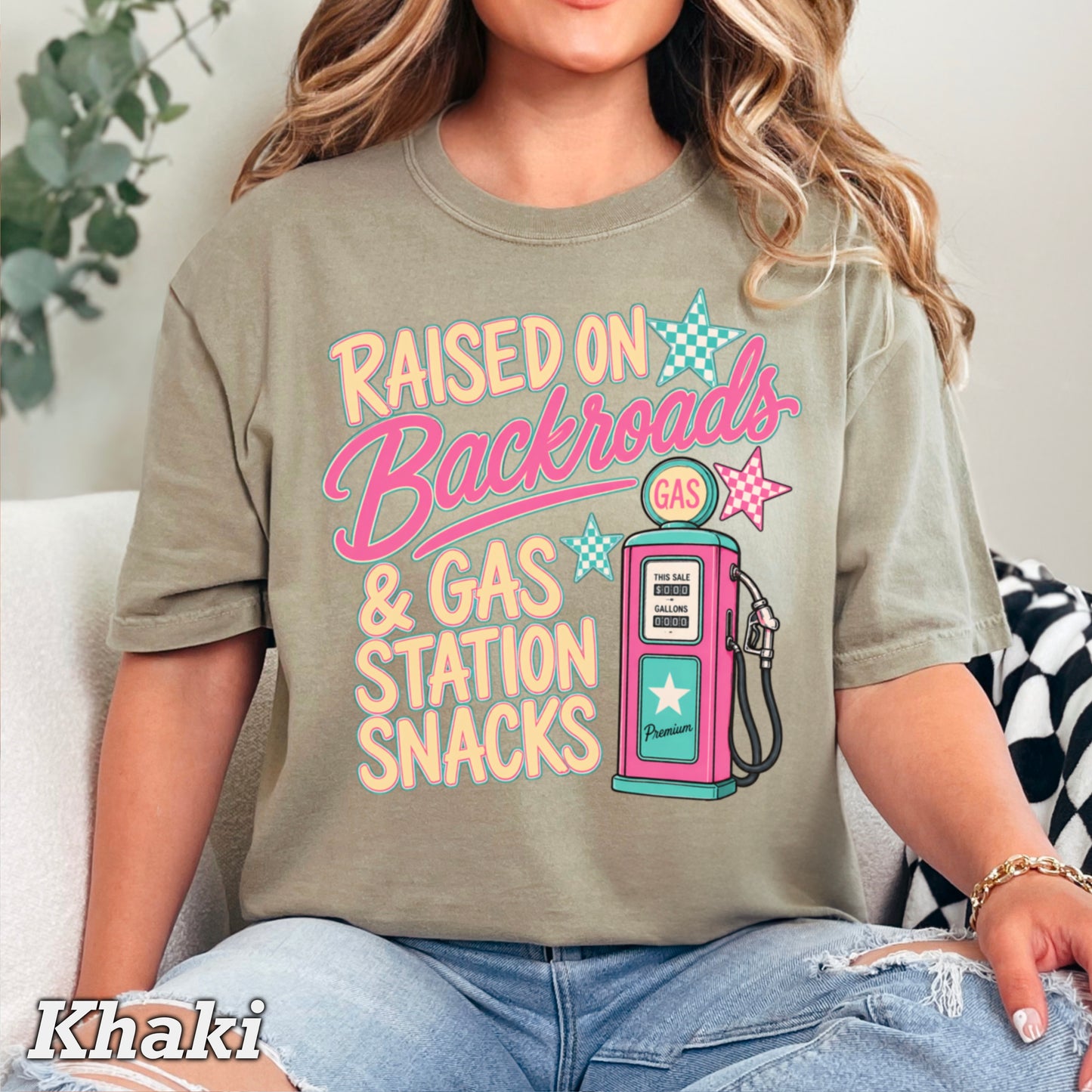Raised On Backroads & Gas Station Snacks Comfort Color Graphic Tee