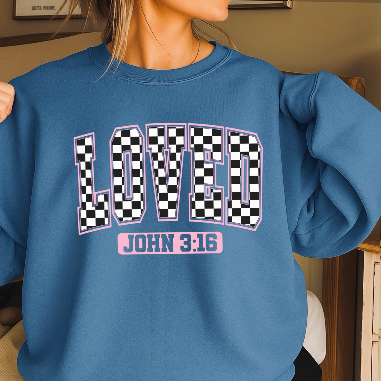 Checkered Loved John 3:16 Valentine’s Day Crewneck Sweatshirt