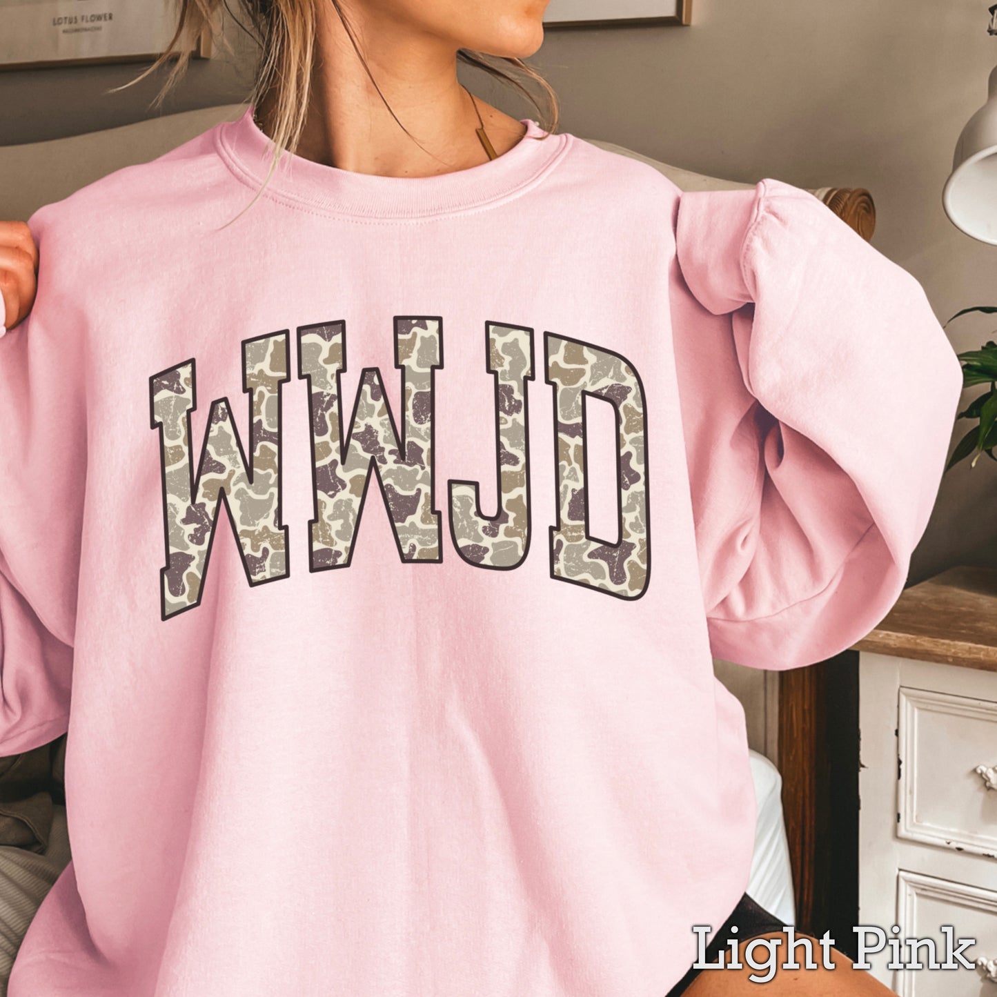 WWJD Camo Christian Graphic Crewneck Sweatshirt
